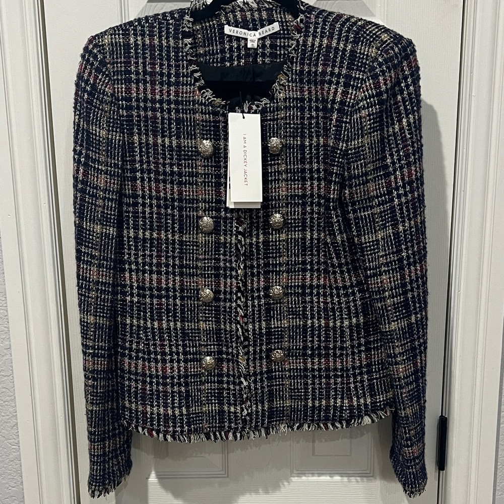 Veronica Beard Navy and Cream Tweed Blazer with metallic buttons